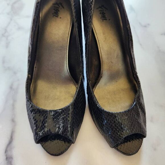 Fioni size 8.5 croc reptilian glossy open peep toe high heels jet black - Picture 5 of 7